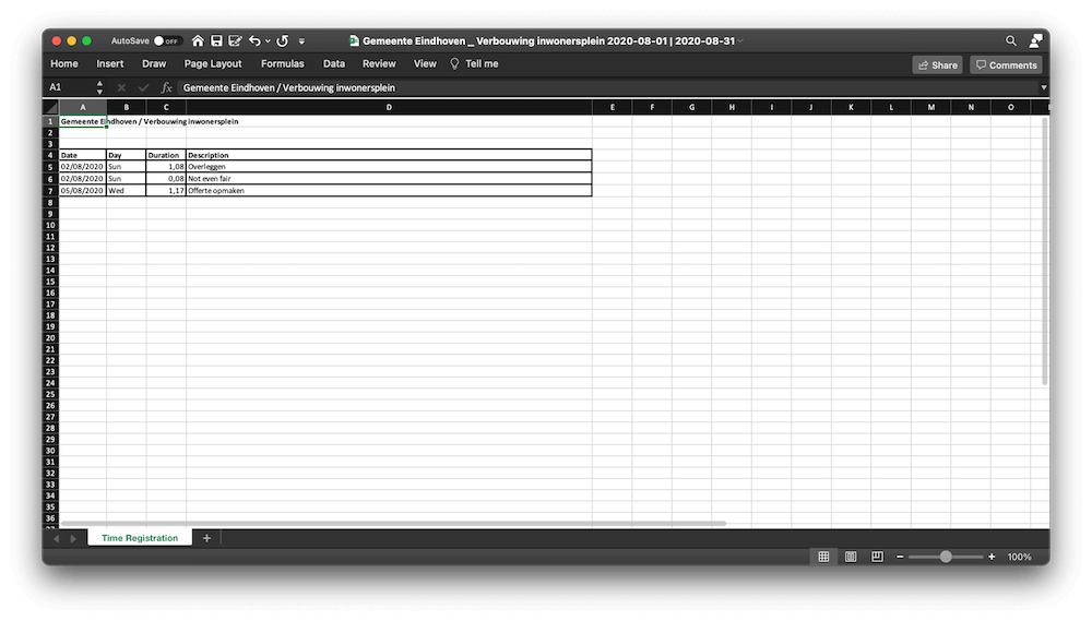 screenshot of what an export from value your time looks like in excel