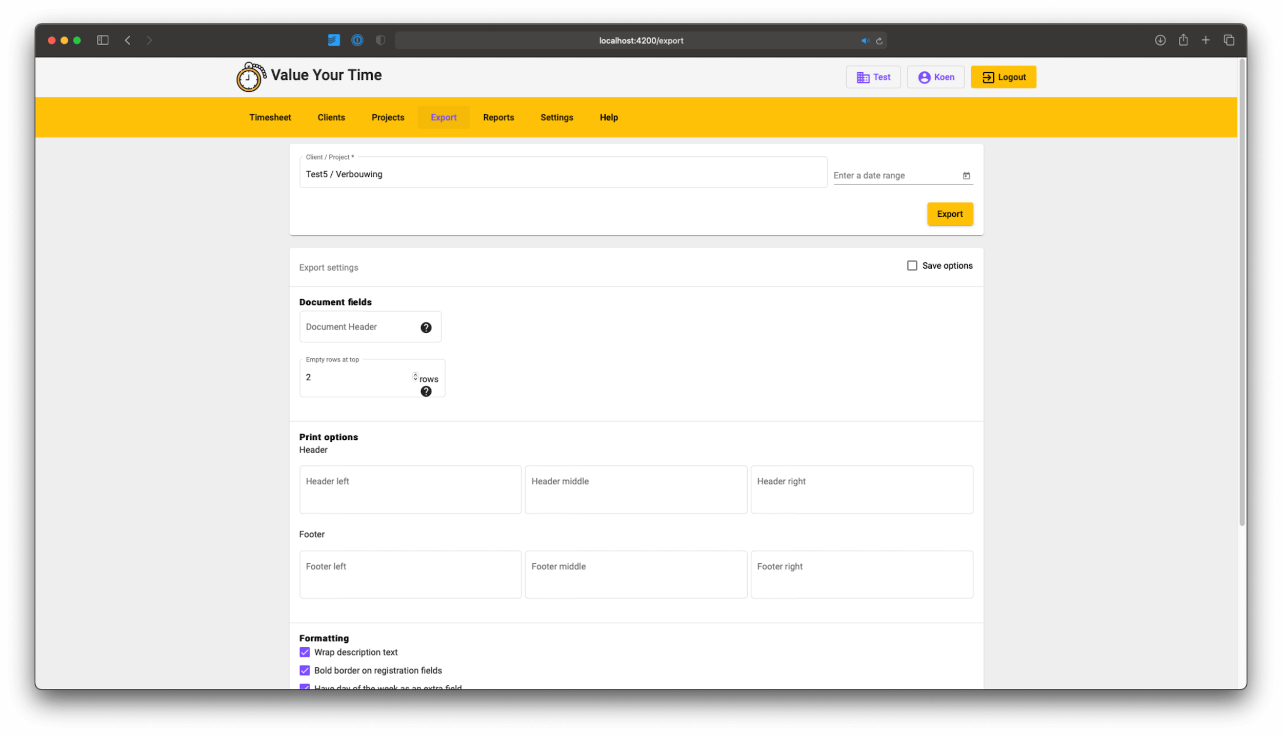 screenshot of the export screen on value your time