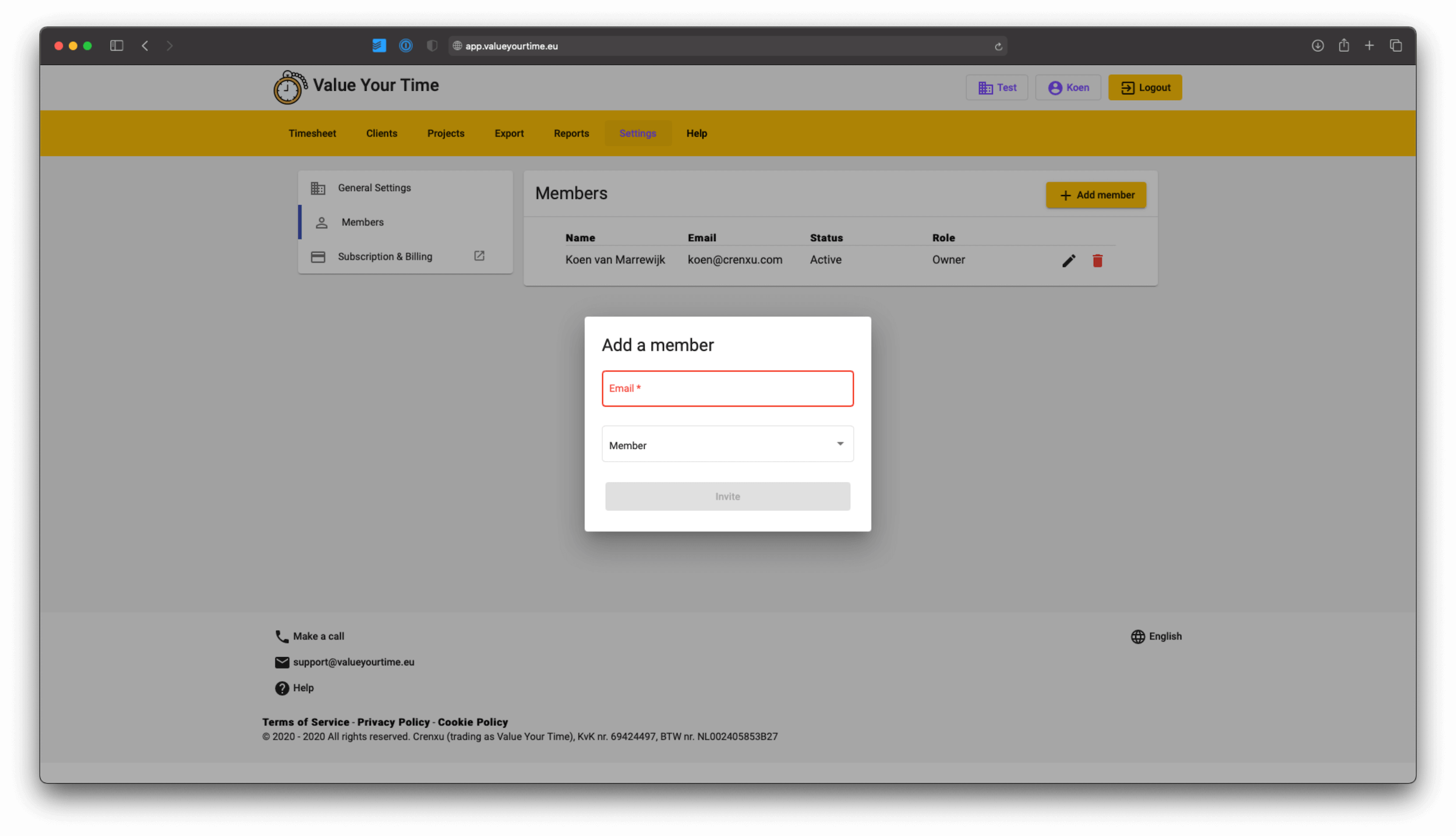 screenshot of how to add a member to value your time