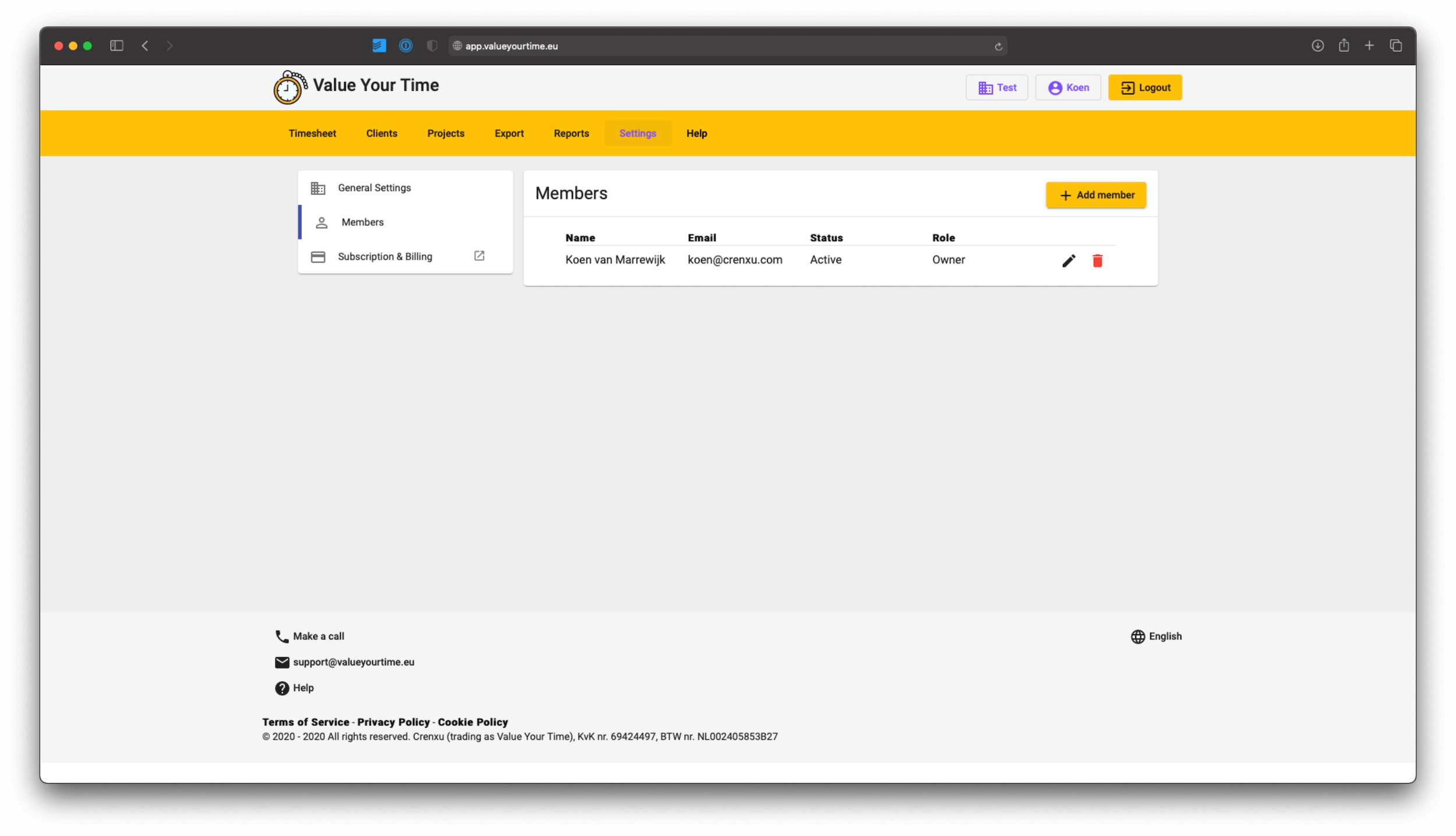 screenshot of the members area on value your time