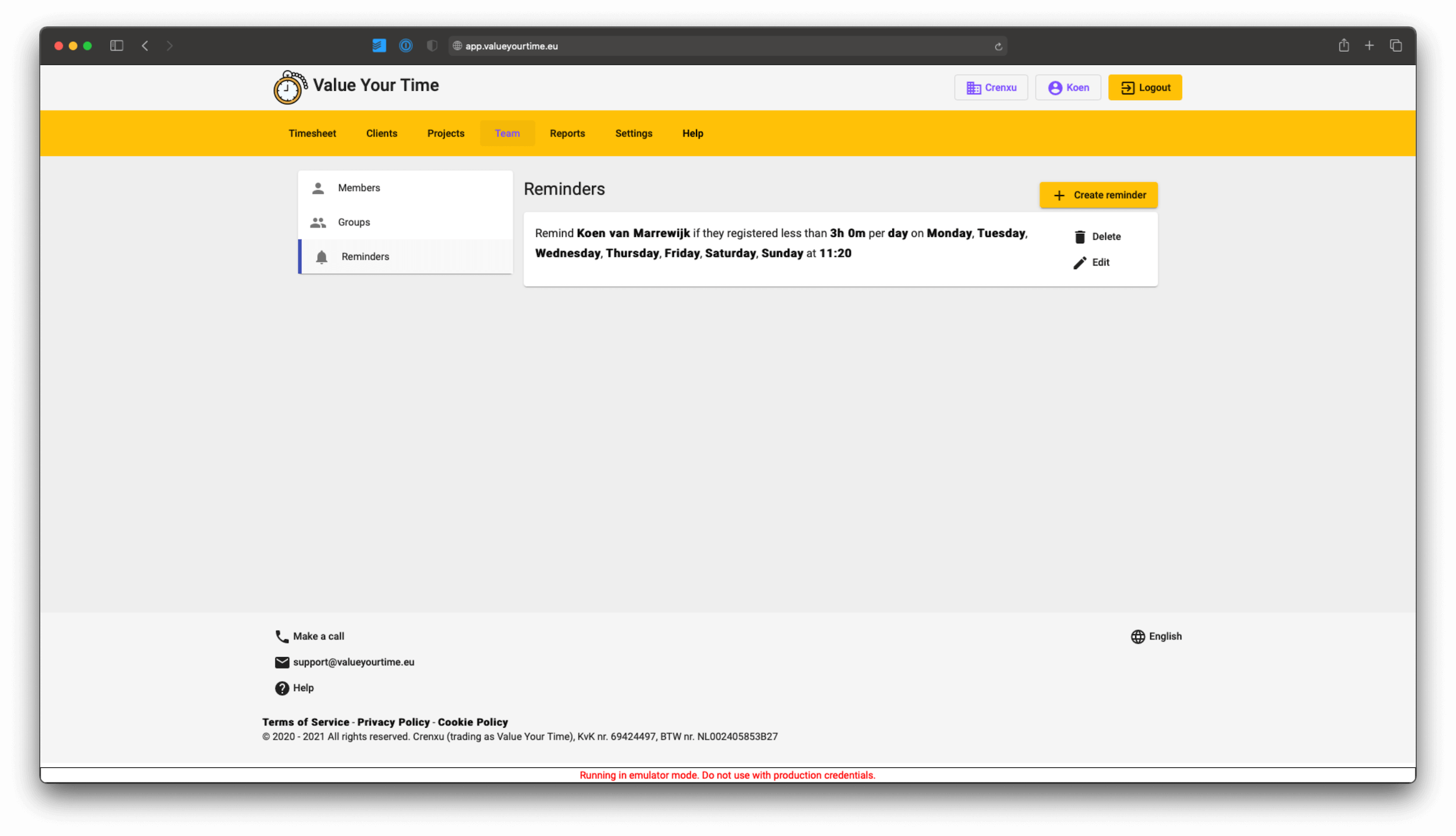 screenshot of reminders