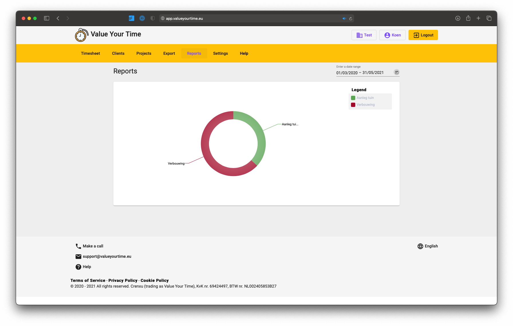 screenshot of the reporting page on value your time